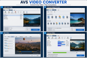 AVS Video Converter four-panel screenshot collage showing how to add videos, select output formats, edit footage, and convert videos.