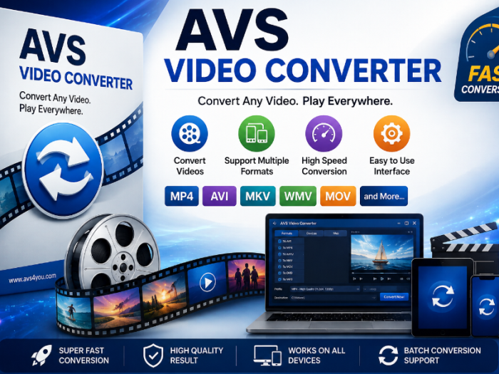 AVS Video Converter software featured image showing video conversion tools, multiple formats, and device compatibility.