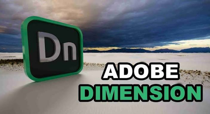 Collage of two Adobe Dimension CC screenshots showing the 3D design workspace with product mockup tools and the rendering workspace with photorealistic product preview settings.