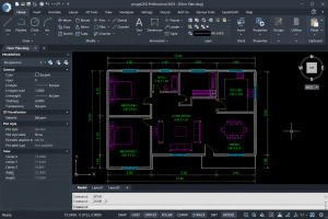 progeCAD Professional interface displaying a detailed architectural floor plan with dimensions, room layouts, CAD tools, and properties panel.