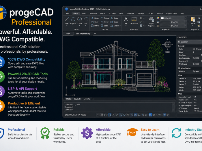 progeCAD Professional CAD software displaying architectural drafting, 2D design, 3D modeling, and DWG-compatible tools