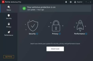 Avira Antivirus Pro antivirus software dashboard with malware and real-time