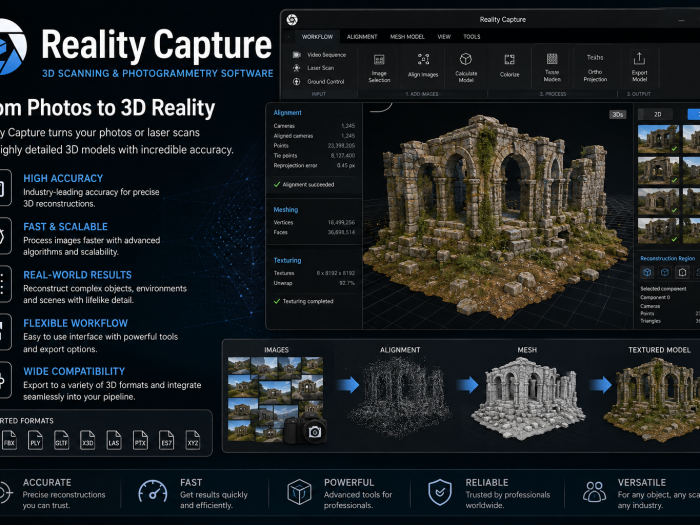 Reality Capture photogrammetry software displaying detailed 3D reconstruction, image alignment, mesh generation, and textured models