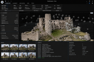 RealityCapture interface showing a detailed 3D photogrammetry model of a stone fortress with image alignment, mesh, texture, and reconstruction statistics.