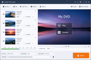 AnyMP4 DVD Creator interface showing video files, DVD menu preview, disc settings, and Burn button.