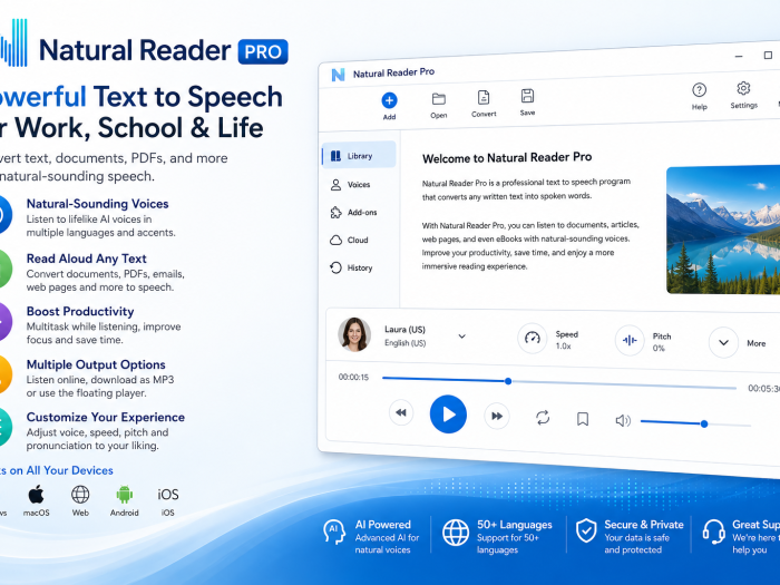 Natural Reader Pro text-to-speech software with natural-sounding voices, document reading, and audio playback features