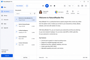 NaturalReader Pro interface showing document management, text-to-speech controls, voice selection, playback settings, and a reading pane.