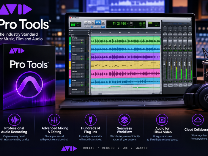 Avid Pro Tools feature image showing a professional audio recording and mixing interface on a laptop with studio equipment.