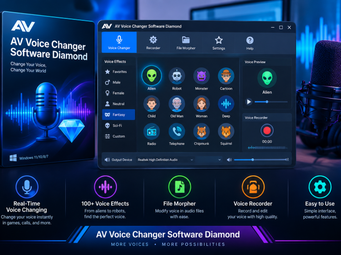 AV Voice Changer Software Diamond feature image showing voice effects, voice recorder, and audio controls.