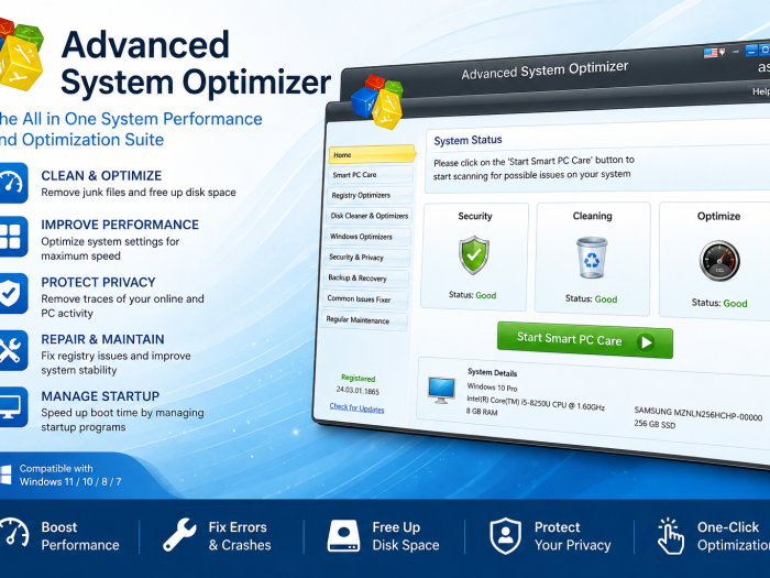 Advanced System Optimizer software interface showing system optimization, cleaning, security, privacy, and performance tools.