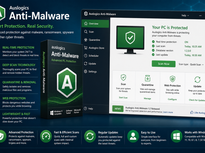 Auslogics Anti-Malware feature image showing the malware protection dashboard, product box, real-time protection, deep scanning, quarantine, web protection, and Windows compatibility.