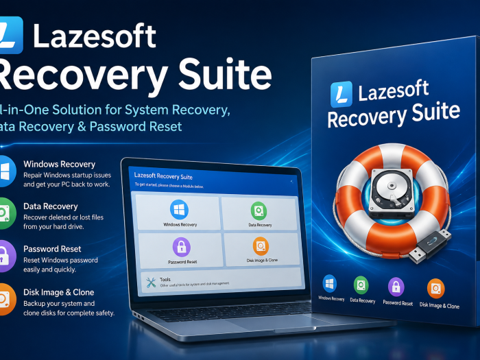 Lazesoft Recovery Suite software featuring Windows recovery, data recovery, password reset, and disk cloning tools