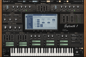 Sylenth1 synthesizer plugin interface with oscillators, filters, LFOs, effects, and keyboard