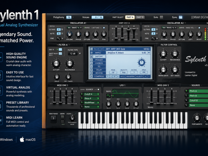 Sylenth1 virtual analog synthesizer plugin interface featuring oscillators, filters, modulation controls, effects, presets, and keyboard.