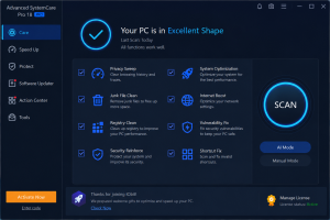 Advanced SystemCare Pro PC optimization and system cleanup dashboard