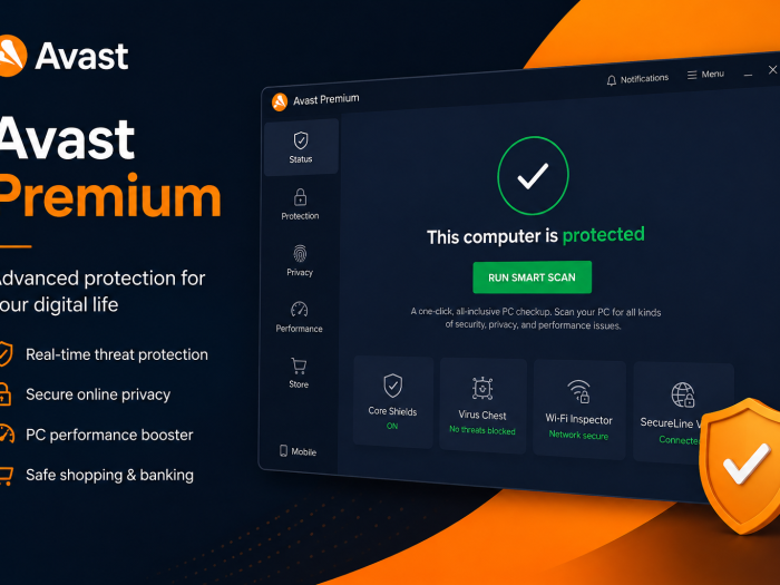 Avast Premium antivirus software featuring a protected PC dashboard, security features, and orange shield graphic.