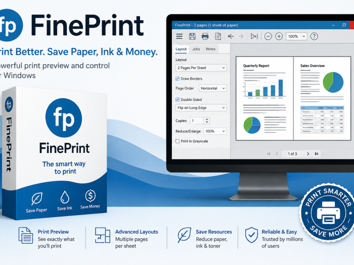 FinePrint software feature image showing its print preview interface, software box, and paper, ink, and money-saving features.