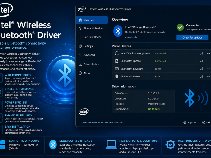 Intel Wireless Bluetooth Driver for reliable Bluetooth connectivity, device pairing, and performance