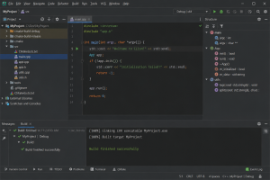 JetBrains CLion IDE showing a C++ project with source code, project files, Structure panel, and a successful build message.