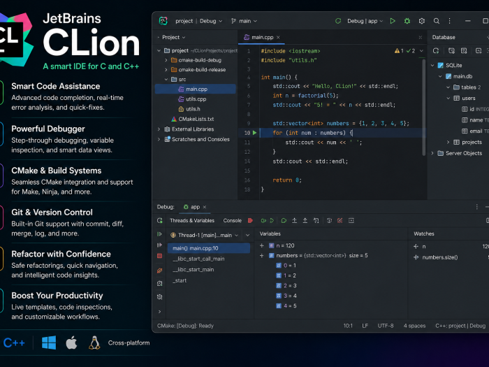 JetBrains CLion IDE for C and C++ development with code editing, debugging, CMake, and Git tools