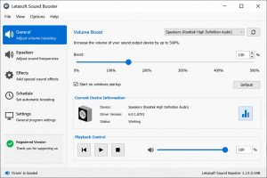 Letasoft Sound Booster volume boost settings window on Windows