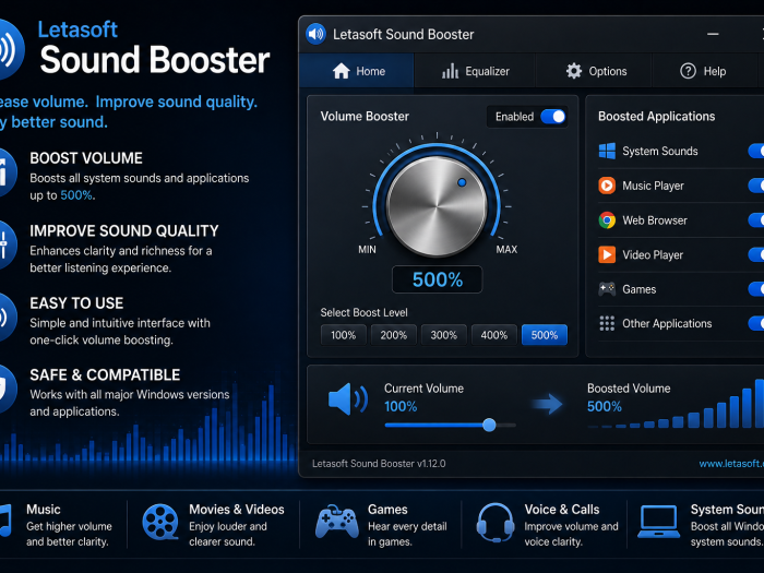 Letasoft Sound Booster software for increasing system volume and improving audio quality
