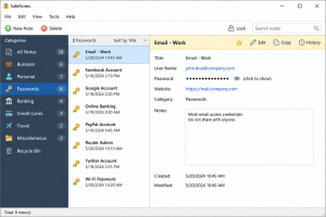 SafeNotes password manager and secure notes dashboard on Windows