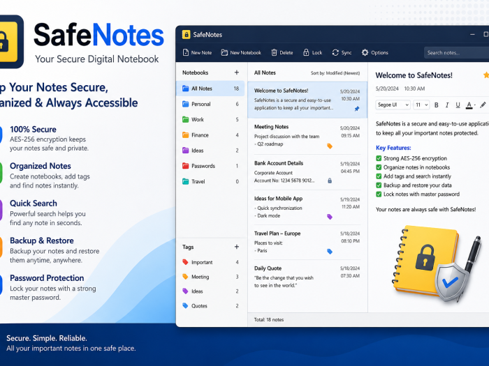 SafeNotes secure digital notebook software featuring encrypted notes, organized notebooks, search, backup, password protection, and a desktop app interface.