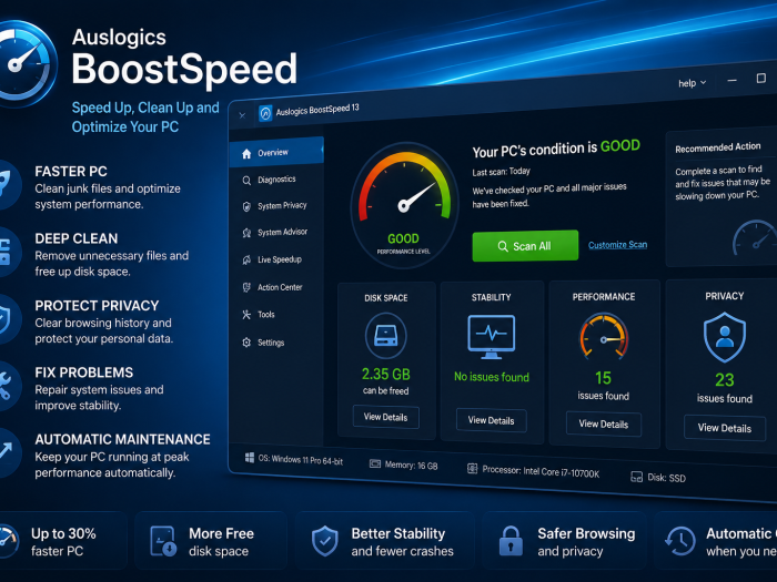Auslogics BoostSpeed interface showing PC optimization tools, system diagnostics, disk cleanup, privacy protection, performance monitoring, and automatic maintenance.