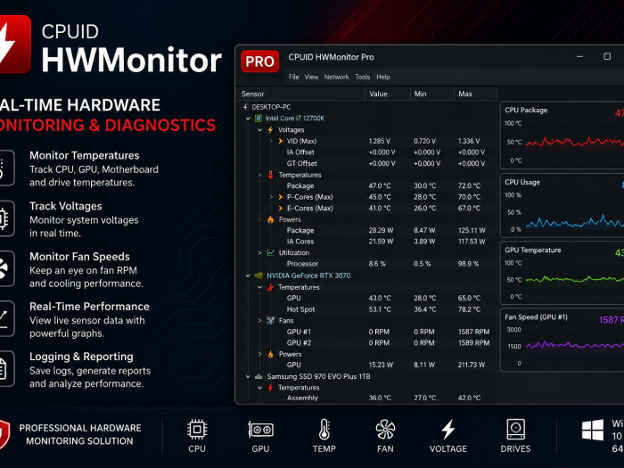 CPUID HWMonitor Pro hardware monitoring and diagnostics software interface