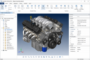 Geometric Glovius Pro 3D CAD viewer displaying an engine assembly model with model tree and properties panel