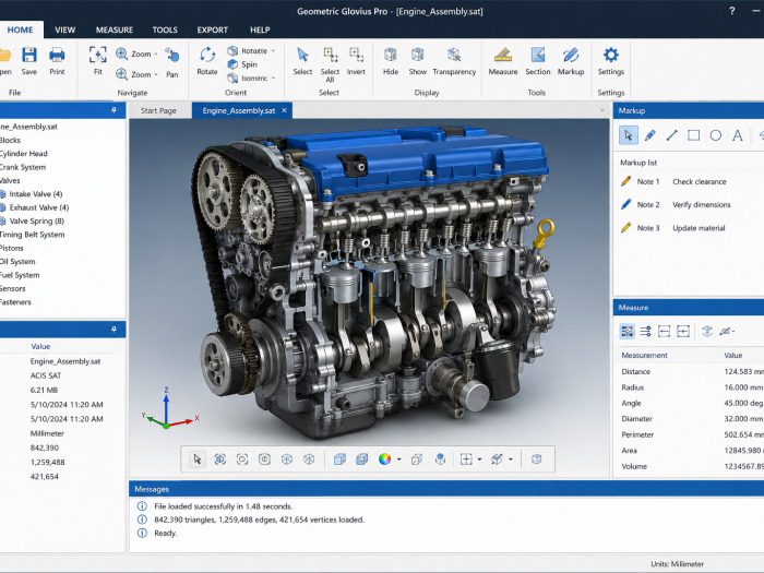 Geometric Glovius Pro interface displaying a detailed 3D engine assembly with CAD model navigation, measurement, markup, model tree, and properties panels.