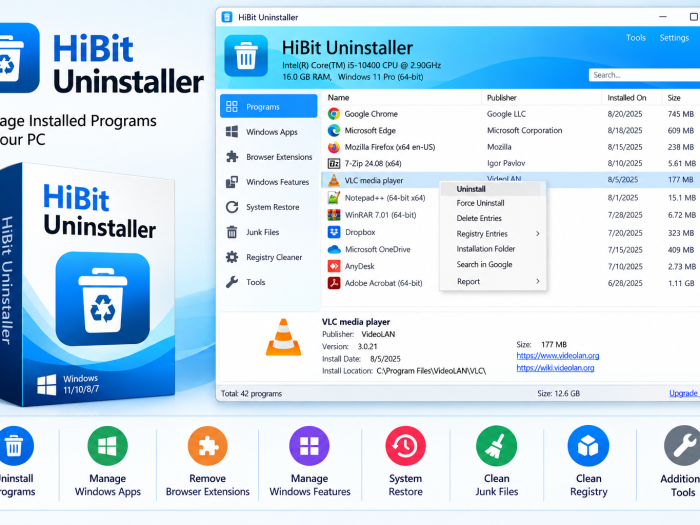 HiBit Uninstaller feature image showing the software interface, installed programs list, uninstall tools, Windows app management, junk-file cleanup, registry cleaning, and system restore features.