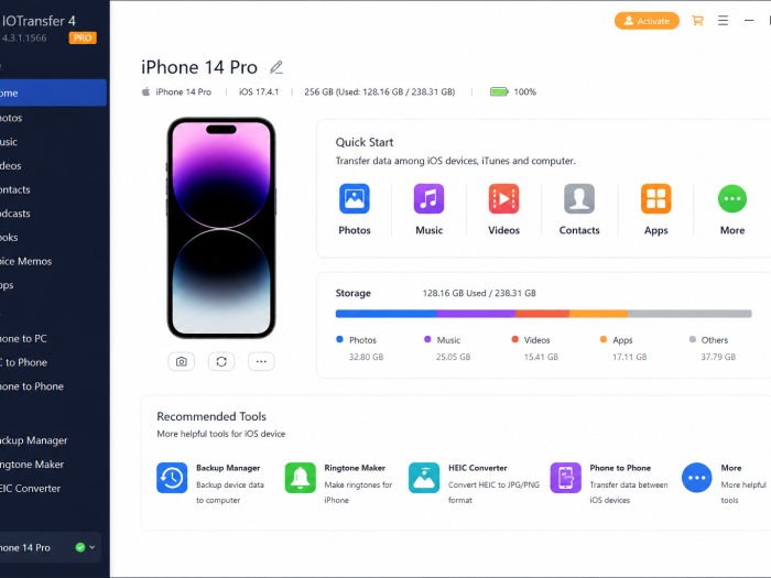 IOTransfer 4.3.1.1566 interface showing iPhone data transfer, storage management, and device tools