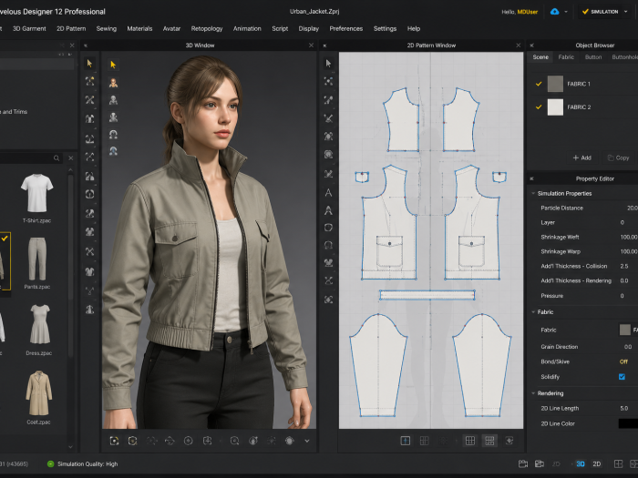 Marvelous Designer interface showing a 3D jacket simulation on a digital avatar alongside 2D garment pattern pieces, fabric settings, and design tools.