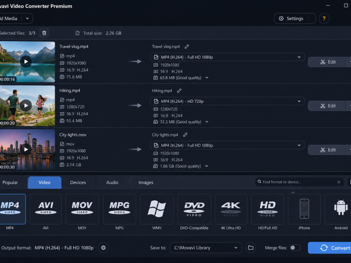 Movavi Video Converter interface showing multiple video files, format conversion options, editing tools, device presets, output settings, and the Convert button.