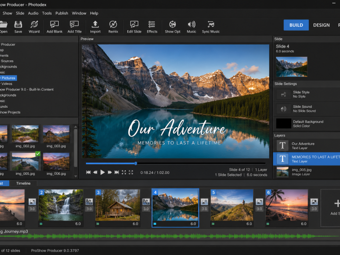 ProShow Producer interface displaying a slideshow project with photo thumbnails, preview window, text layers, slide effects, music timeline, and editing tools.