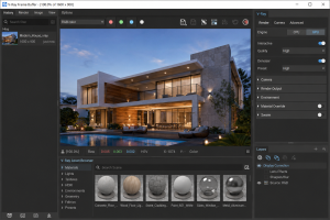 V-Ray Frame Buffer displaying a high-quality 3D architectural render of a modern villa with a swimming pool and V-Ray rendering controls.