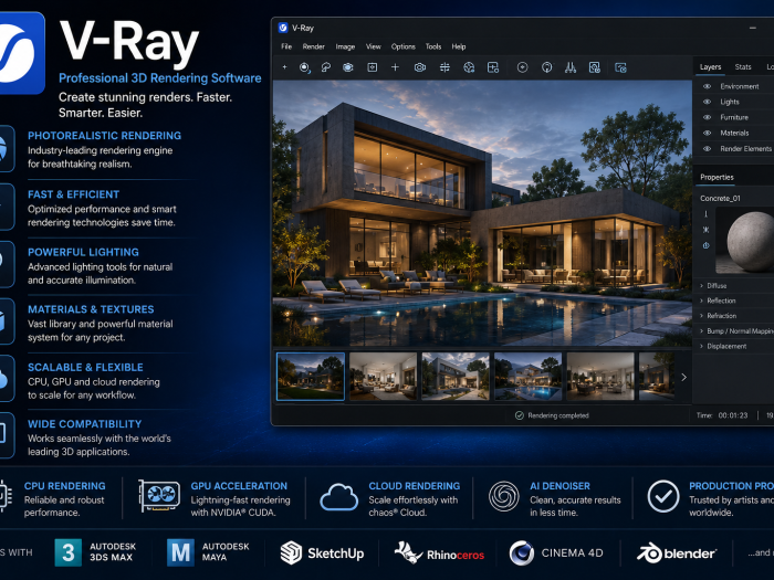 V-Ray professional 3D rendering software with a photorealistic architectural visualization