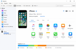 iExplorer desktop application showing an iPhone connected with options for managing media, apps, backups, photos, files, and device storage.