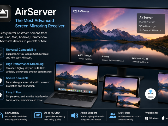 AirServer screen mirroring software for wirelessly streaming and mirroring devices in high quality