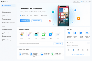 AnyTrans desktop application interface showing iPhone device management, content transfer, backup tools, and media management features.