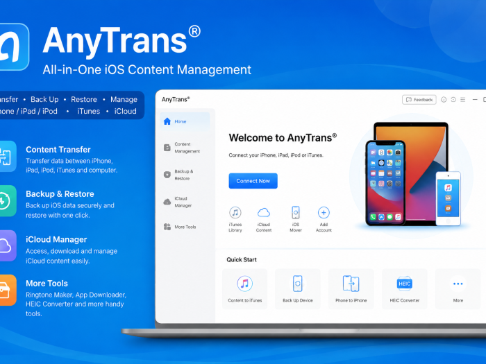 AnyTrans iOS content management software interface showing data transfer, backup, restore, and iCloud management tools.