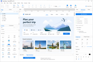 Axure RP Pro desktop interface showing a travel app wireframe with page navigation, widgets, design canvas, and interaction settings.