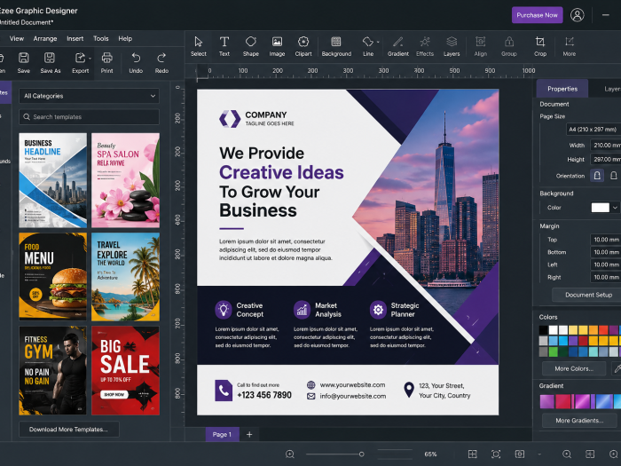 Ezee Graphic Designer interface displaying a business flyer design with templates, text, shapes, images, layers, colors, and editing tools.