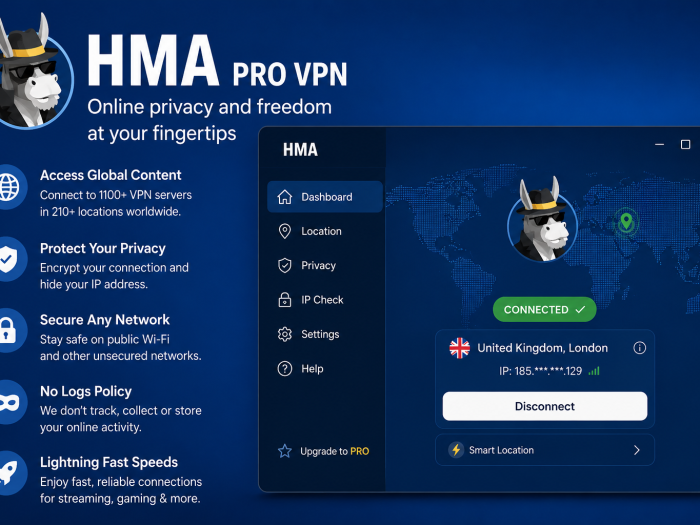 HMA Pro VPN desktop interface showing a connected VPN server, global map, privacy protection, secure browsing, and Smart Location features.