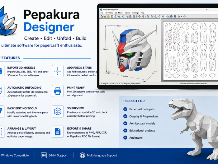 Pepakura Designer feature graphic showing a 3D model and unfolded 2D papercraft patterns, with tools for importing models, automatic unfolding, editing, arranging, previewing, printing, and exporting.