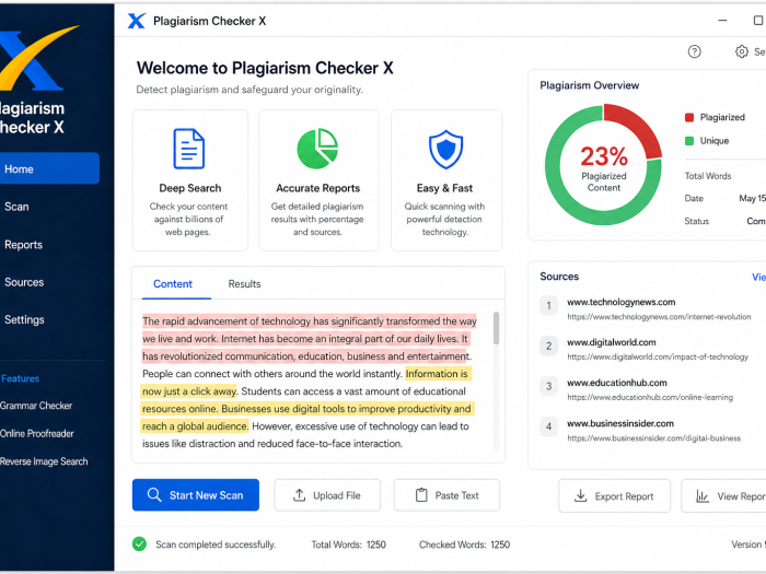 Plagiarism Checker X dashboard displaying plagiarism detection results, content similarity percentages, source matches, reports, and scanning tools.