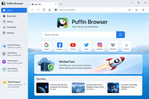 Puffin Browser interface showing a fast cloud-based web browsing experience with search, bookmarks, downloads, privacy protection, ad-blocking, and data-saving features.