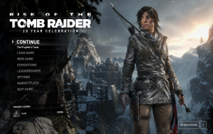 Rise of the Tomb Raider main menu showing Lara Croft in a snowy mountain environment with game options.